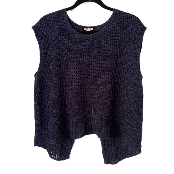 Eileen Fisher Navy Crochet Knit Split Back Top Organic Linen Cotton Blend XL - Picture 3 of 13